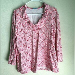 J McLaughlin Pink White Diamond Print Ruffle Neck Top Women's Blouse size L